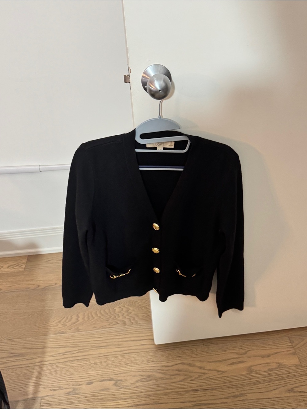 LOFT Black V-Neck Cardigan with Gold Buttons and Chain Trim